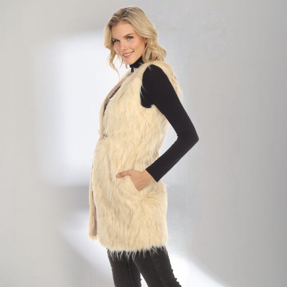 NWT Size S LINDI Cream/White Faux Fur Long Vest Coat V1631 - Picture 2 of 5